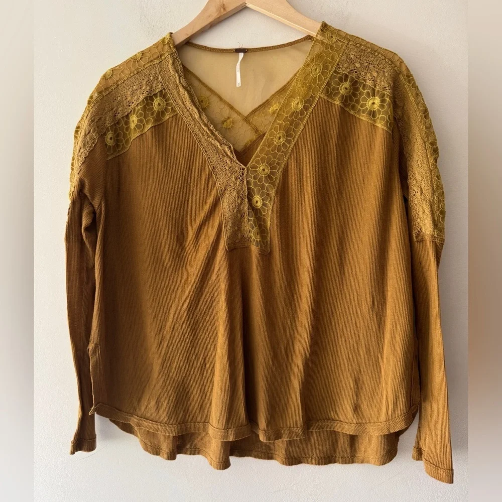 Free People‎ Women's Lola Long-Sleeve Blouse, Mustard Yellow Boho Lace Trim